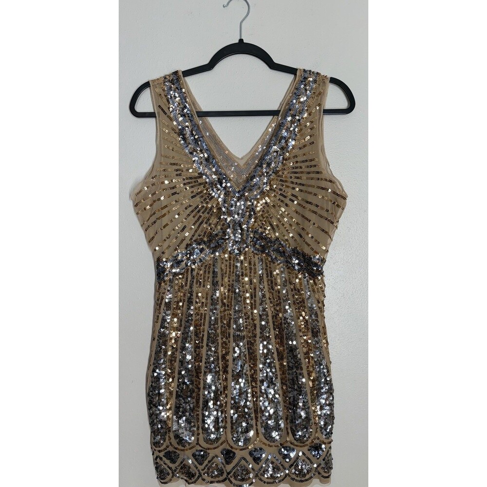 Y2K Gold Silver Sequin Mini Dress Art Deco Gatsby Stretch Cocktail Party Sz 10